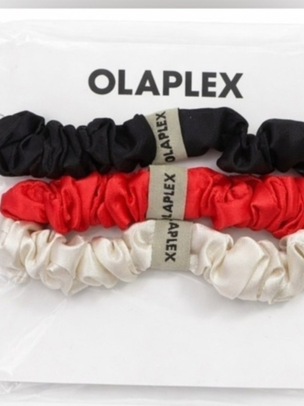 OLAPLEX Satin Scrunchie Set — Black, Red, Cream